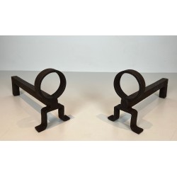 Pair of Modernist Wrought Iron Andirons, French Work in the Style of Jean Royère, Circa 1950