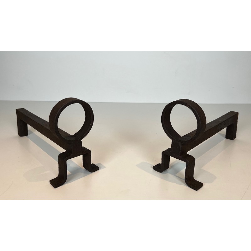 Pair of Modernist Wrought Iron Andirons, French Work in the Style of Jean Royère, Circa 1950