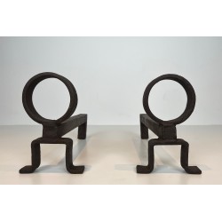 Pair of Modernist Wrought Iron Andirons, French Work in the Style of Jean Royère, Circa 1950