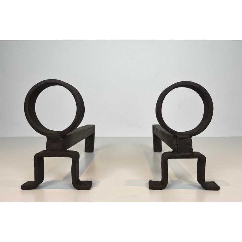 Pair of Modernist Wrought Iron Andirons, French Work in the Style of Jean Royère, Circa 1950