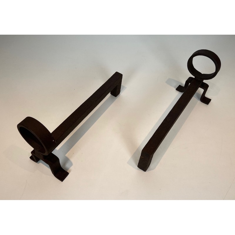 Pair of Modernist Wrought Iron Andirons, French Work in the Style of Jean Royère, Circa 1950