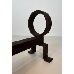 Pair of Modernist Wrought Iron Andirons, French Work in the Style of Jean Royère, Circa 1950