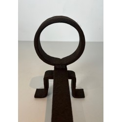 Paire de Chenets Modernistes en Fer Forgé, Travail Français dans le Goût de Jean Royère, Vers 1950