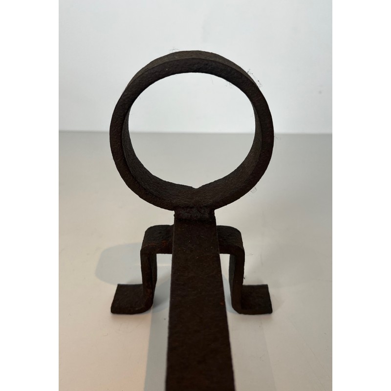 Pair of Modernist Wrought Iron Andirons, French Work in the Style of Jean Royère, Circa 1950