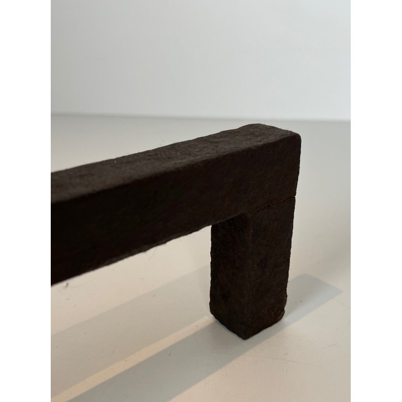 Pair of Modernist Wrought Iron Andirons, French Work in the Style of Jean Royère, Circa 1950