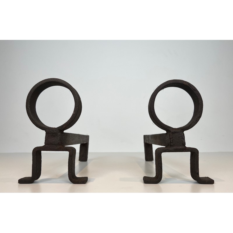 Pair of Modernist Wrought Iron Andirons, French Work in the Style of Jean Royère, Circa 1950