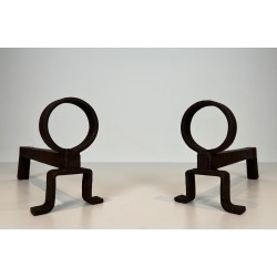 Pair of Modernist Wrought Iron Andirons, French Work in the Style of Jean Royère, Circa 1950