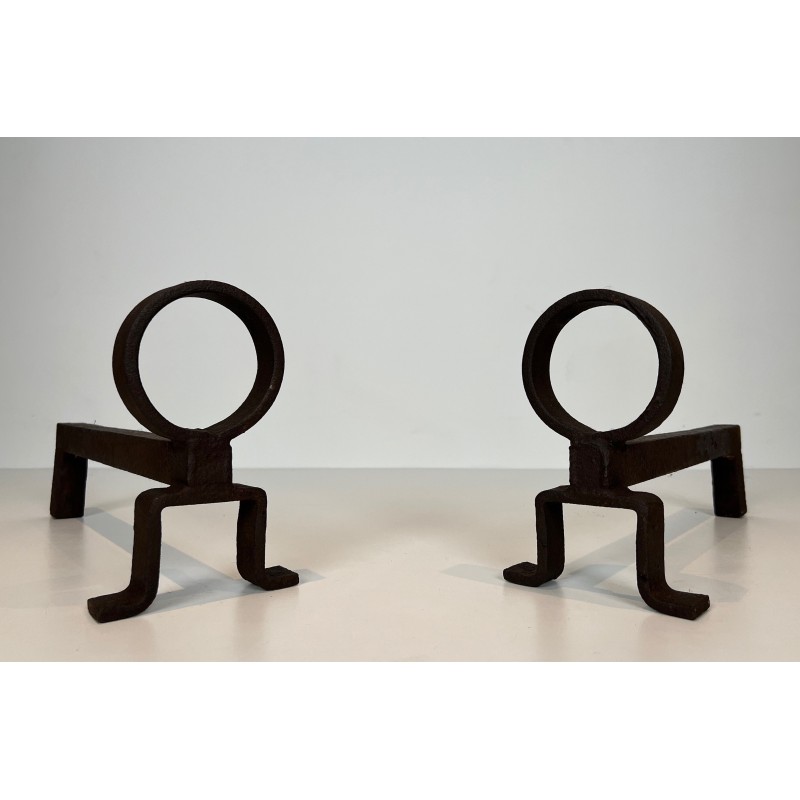 Pair of Modernist Wrought Iron Andirons, French Work in the Style of Jean Royère, Circa 1950