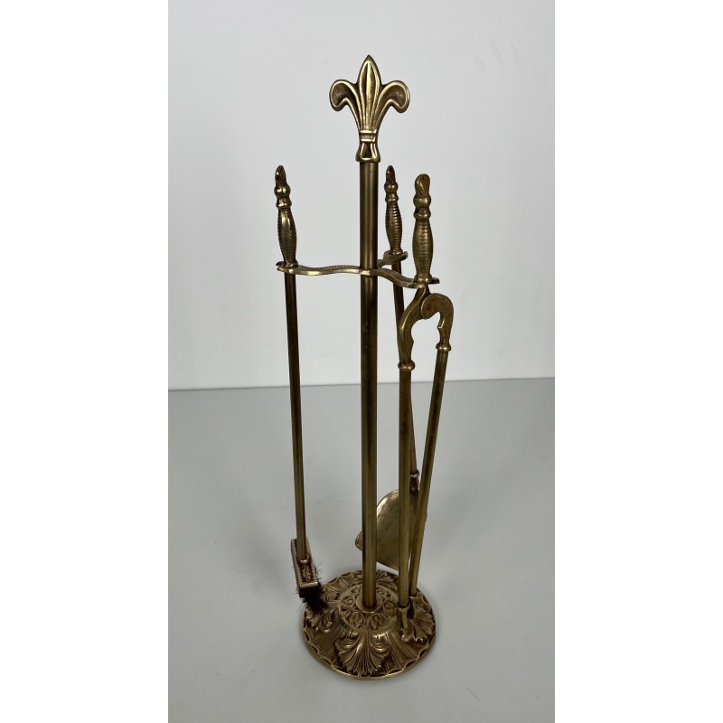 Nécessaire de Feu de Style Néoclassique en Laiton aux Fleurs de Lys, Travail Français, Vers 1970