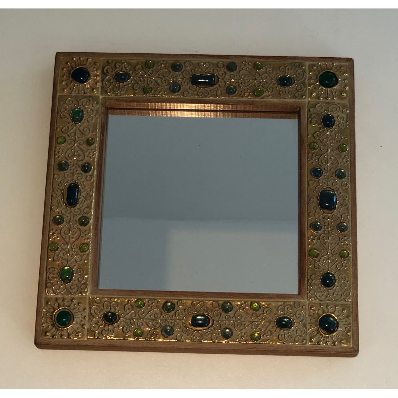 Small Decorative Mirror with Lucite Stone-Imitation Ornaments, French Work, Circa 1970