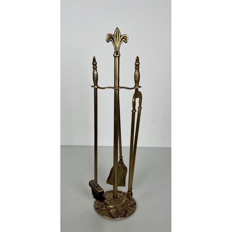 Nécessaire de Feu de Style Néoclassique en Laiton aux Fleurs de Lys, Travail Français, Vers 1970