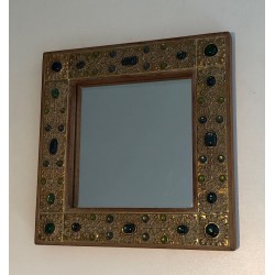 Petit Miroir Décoratif Orné d'Éléments en Résine Imitant la Pierre, Travail Français, Vers 1970