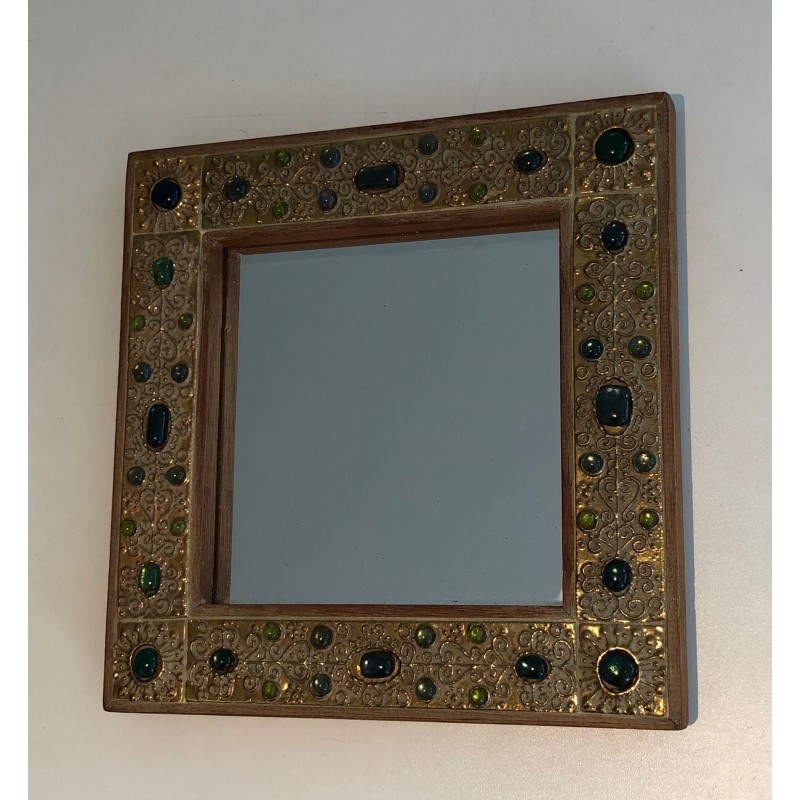 Petit Miroir Décoratif Orné d'Éléments en Résine Imitant la Pierre, Travail Français, Vers 1970