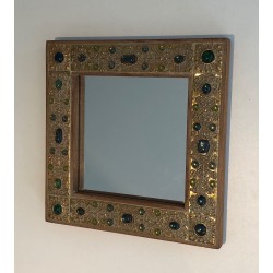 Petit Miroir Décoratif Orné d'Éléments en Résine Imitant la Pierre, Travail Français, Vers 1970