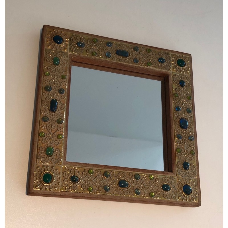 Small Decorative Mirror with Lucite Stone-Imitation Ornaments, French Work, Circa 1970