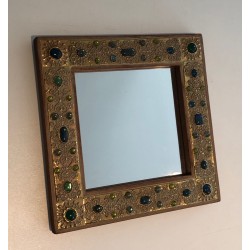 Petit Miroir Décoratif Orné d'Éléments en Résine Imitant la Pierre, Travail Français, Vers 1970