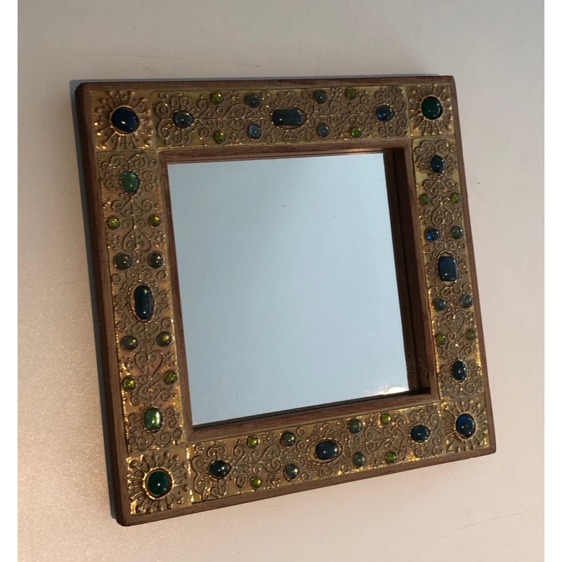 Petit Miroir Décoratif Orné d'Éléments en Résine Imitant la Pierre, Travail Français, Vers 1970