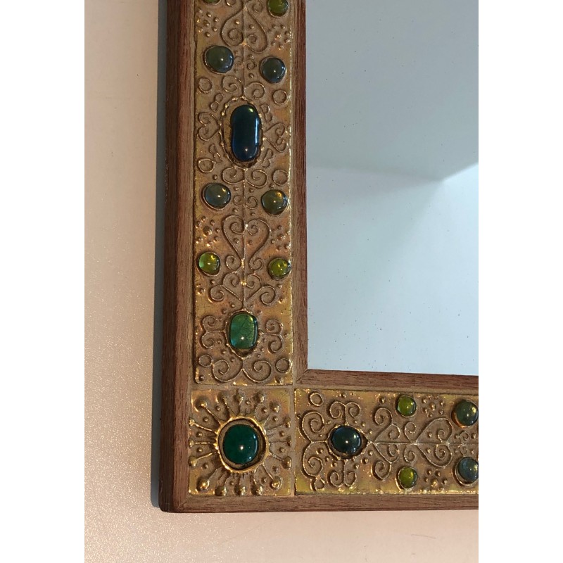 Small Decorative Mirror with Lucite Stone-Imitation Ornaments, French Work, Circa 1970