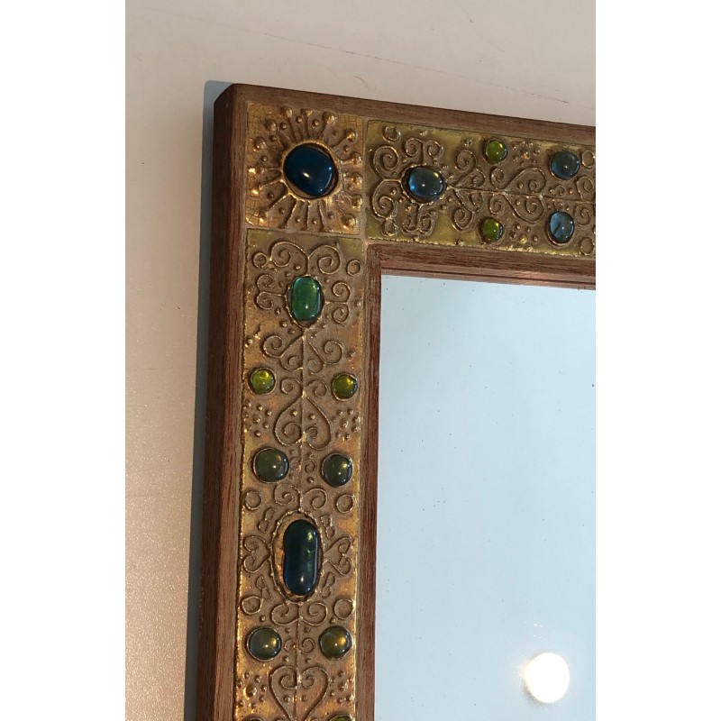 Small Decorative Mirror with Lucite Stone-Imitation Ornaments, French Work, Circa 1970