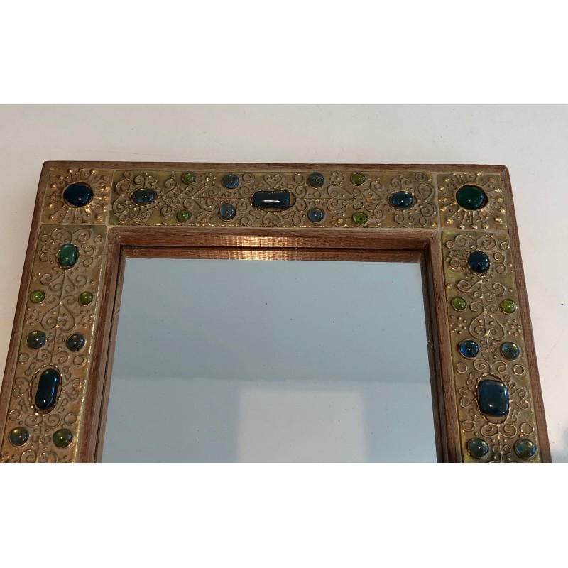 Small Decorative Mirror with Lucite Stone-Imitation Ornaments, French Work, Circa 1970