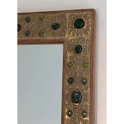 Small Decorative Mirror with Lucite Stone-Imitation Ornaments, French Work, Circa 1970