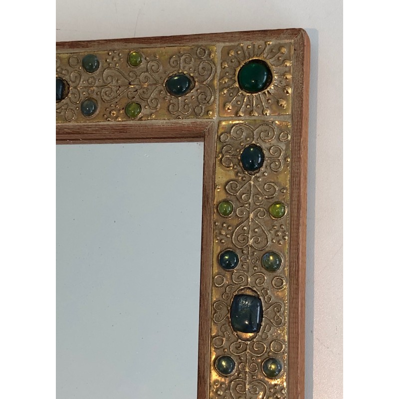 Small Decorative Mirror with Lucite Stone-Imitation Ornaments, French Work, Circa 1970