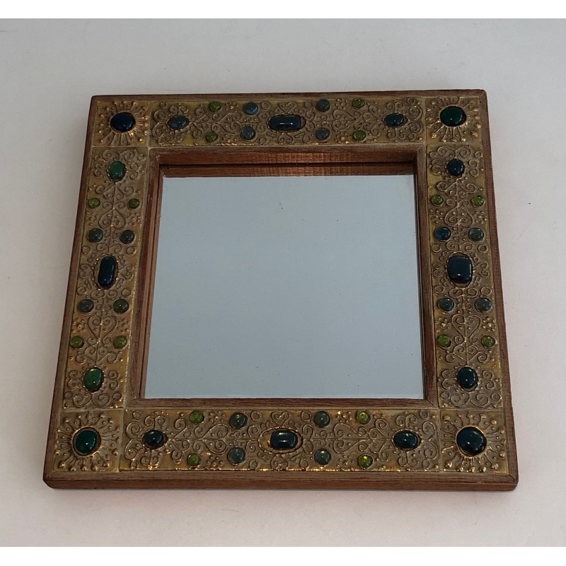 Small Decorative Mirror with Lucite Stone-Imitation Ornaments, French Work, Circa 1970