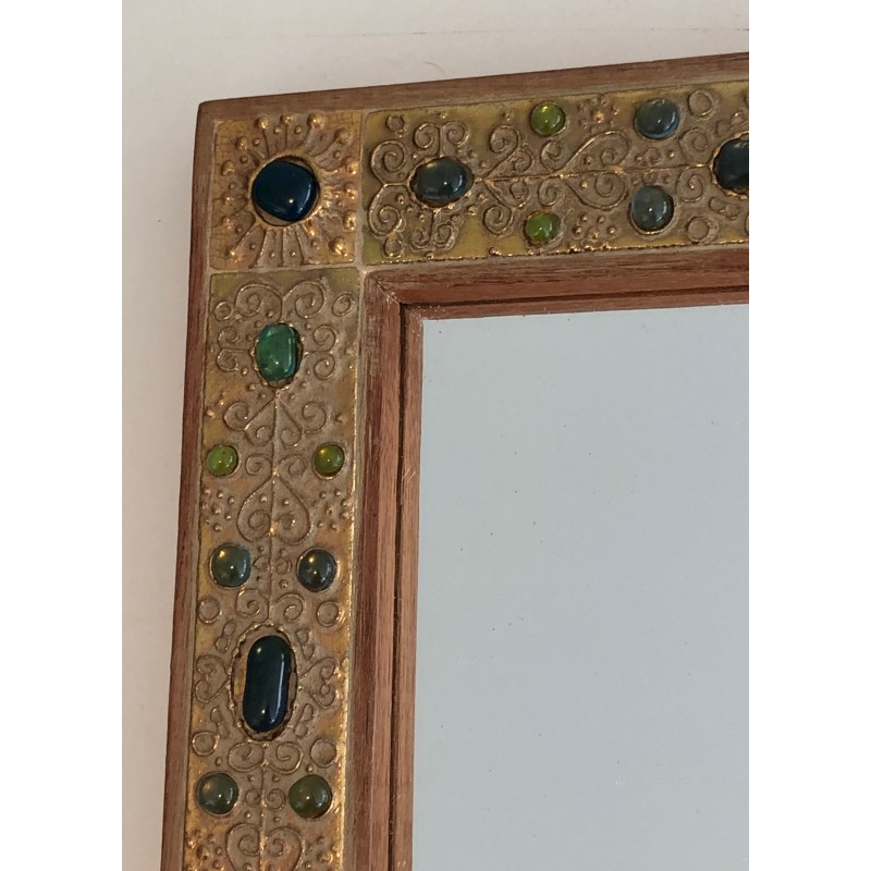 Petit Miroir Décoratif Orné d'Éléments en Résine Imitant la Pierre, Travail Français, Vers 1970