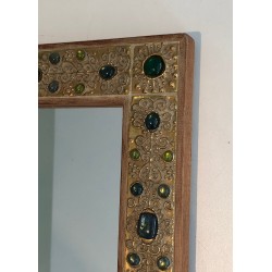 Small Decorative Mirror with Lucite Stone-Imitation Ornaments, French Work, Circa 1970