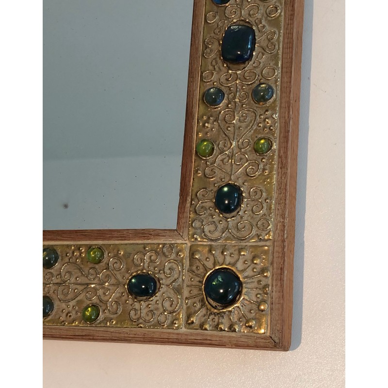 Small Decorative Mirror with Lucite Stone-Imitation Ornaments, French Work, Circa 1970