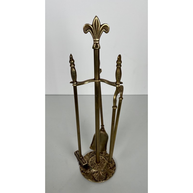 Nécessaire de Feu de Style Néoclassique en Laiton aux Fleurs de Lys, Travail Français, Vers 1970
