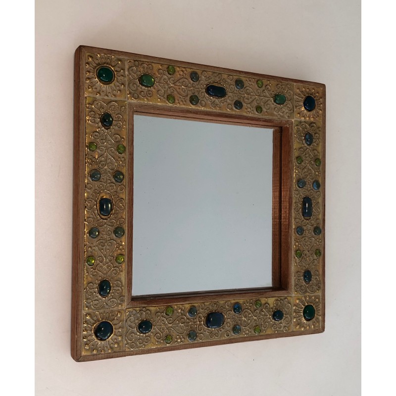 Small Decorative Mirror with Lucite Stone-Imitation Ornaments, French Work, Circa 1970