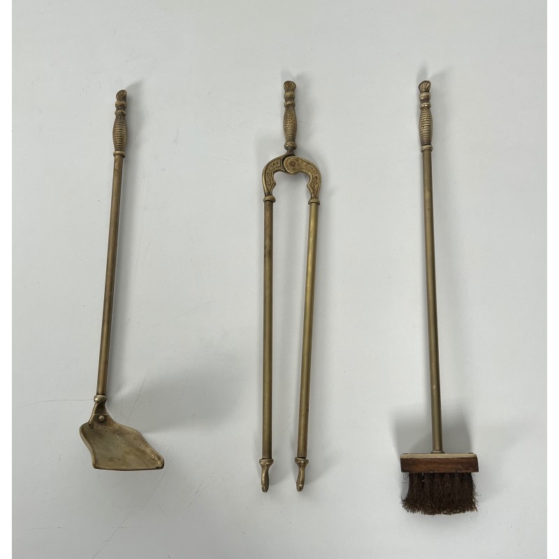 Neoclassical Style Brass Fireplace Tools Set with Fleur-de-Lis Motifs, French Work, Circa 1970