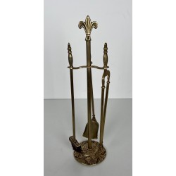 Neoclassical Style Brass Fireplace Tools Set with Fleur-de-Lis Motifs, French Work, Circa 1970