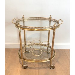 Oval Brass Drinks Trolley with Removable Tray and Bottle Holder, French Work by Maison Jansen, Circa 1940