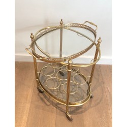Oval Brass Drinks Trolley with Removable Tray and Bottle Holder, French Work by Maison Jansen, Circa 1940