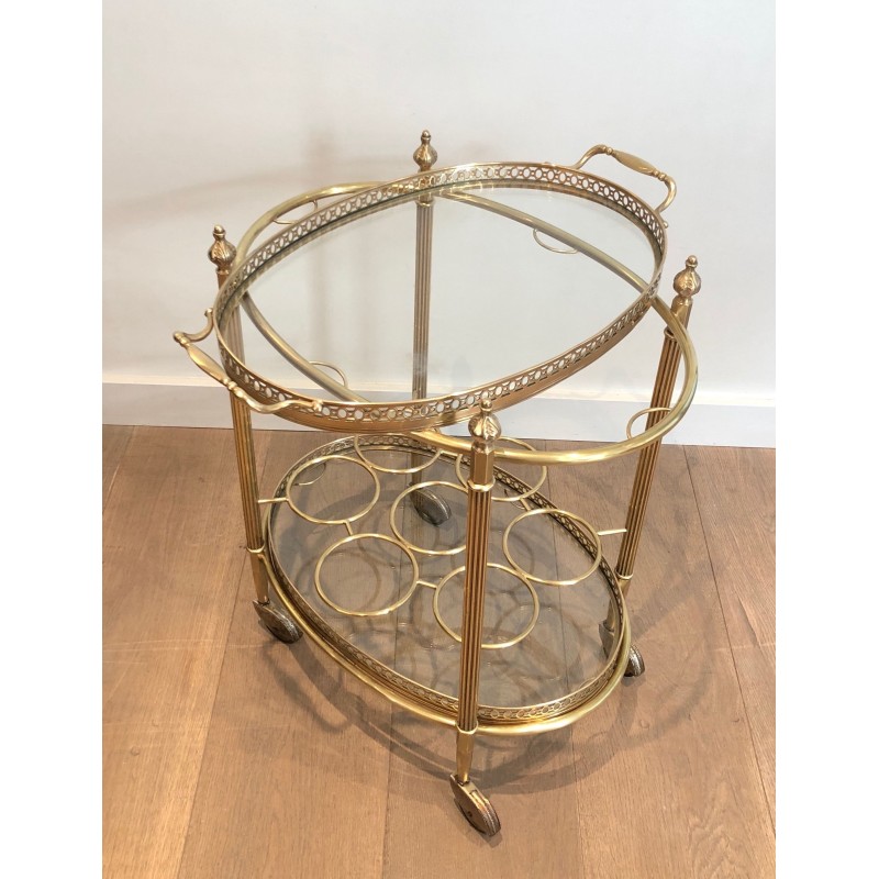 Oval Brass Drinks Trolley with Removable Tray and Bottle Holder, French Work by Maison Jansen, Circa 1940