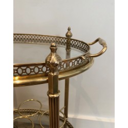 Oval Brass Drinks Trolley with Removable Tray and Bottle Holder, French Work by Maison Jansen, Circa 1940