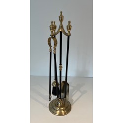 Brass and Black Lacquered Metal Fireplace Tools Set, French Work, Circa 1970