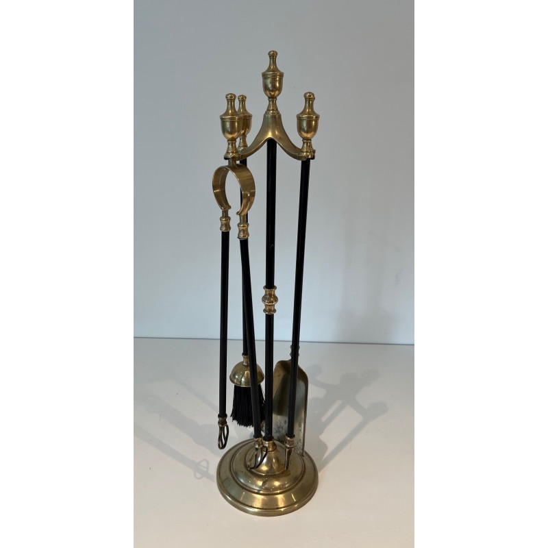 Brass and Black Lacquered Metal Fireplace Tools Set, French Work, Circa 1970
