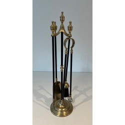 Nécessaire de Feu en Laiton et Métal Laqué Noir, Travail Français, Vers 1970