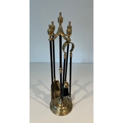 Nécessaire de Feu en Laiton et Métal Laqué Noir, Travail Français, Vers 1970