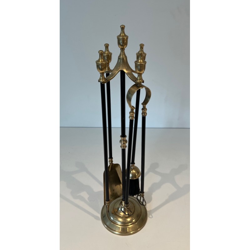 Nécessaire de Feu en Laiton et Métal Laqué Noir, Travail Français, Vers 1970