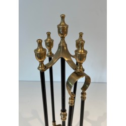 Nécessaire de Feu en Laiton et Métal Laqué Noir, Travail Français, Vers 1970