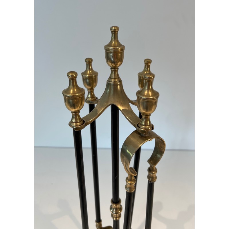 Nécessaire de Feu en Laiton et Métal Laqué Noir, Travail Français, Vers 1970