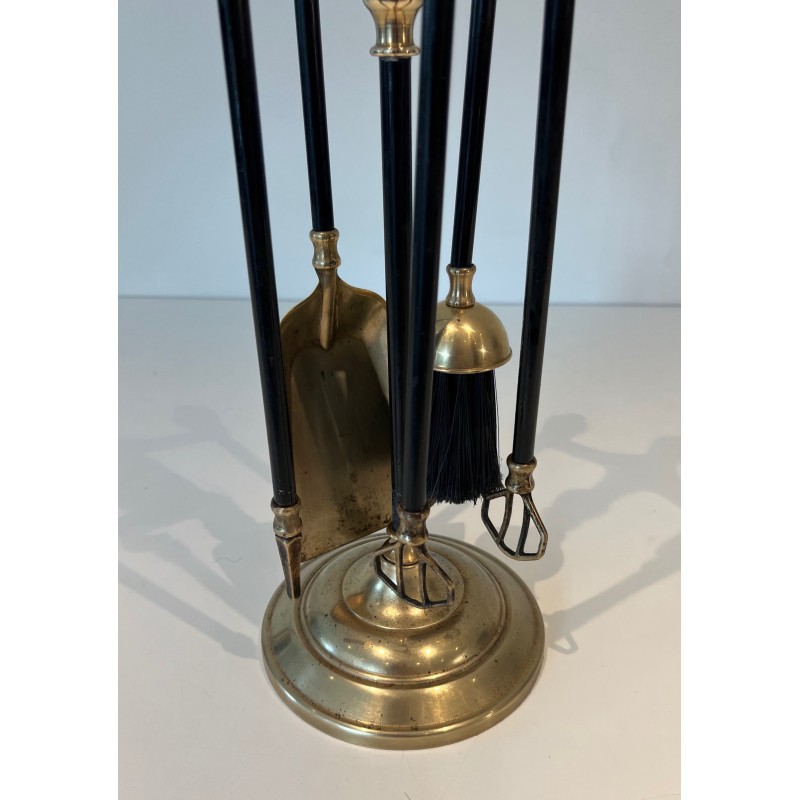 Nécessaire de Feu en Laiton et Métal Laqué Noir, Travail Français, Vers 1970