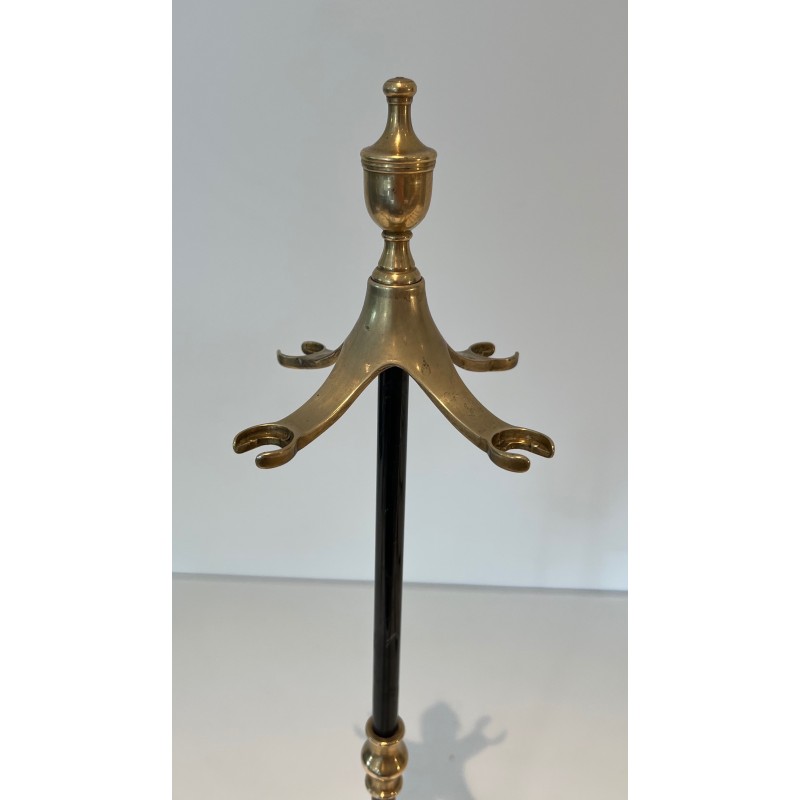 Brass and Black Lacquered Metal Fireplace Tools Set, French Work, Circa 1970