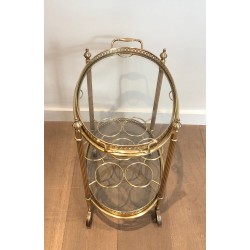 Oval Brass Drinks Trolley with Removable Tray and Bottle Holder, French Work by Maison Jansen, Circa 1940
