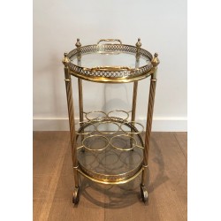 Table Roulante Ovale en Laiton à Plateau Amovible et Porte-Bouteilles, Travail Français de la Maison Jansen, Vers 1940