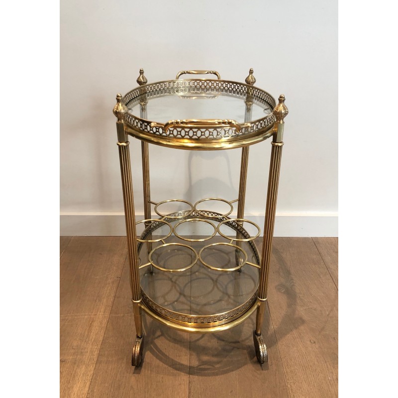 Oval Brass Drinks Trolley with Removable Tray and Bottle Holder, French Work by Maison Jansen, Circa 1940